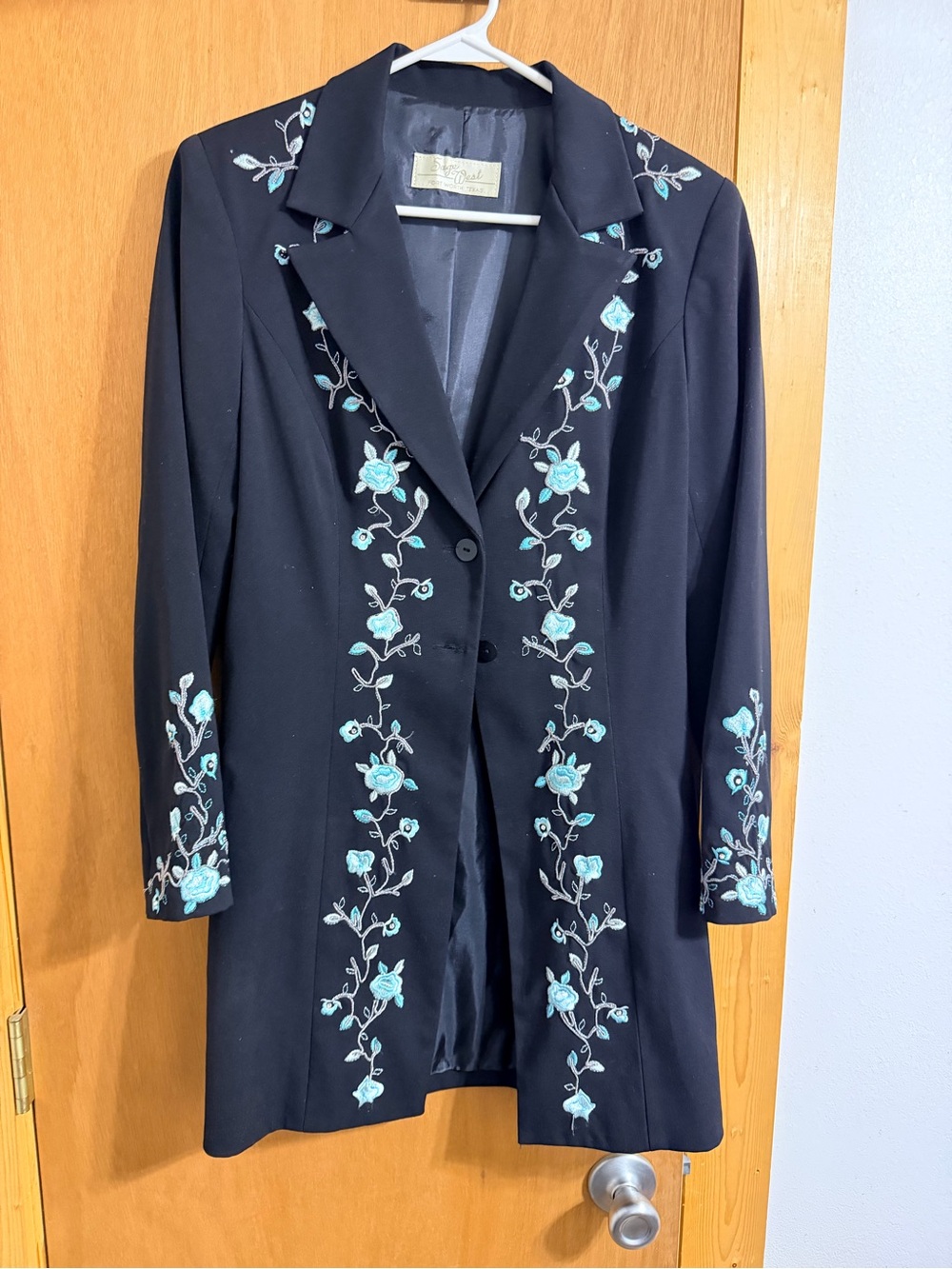 Sage West of Fort Worth Black Embroidered Floral Blazer with Teal Accents
